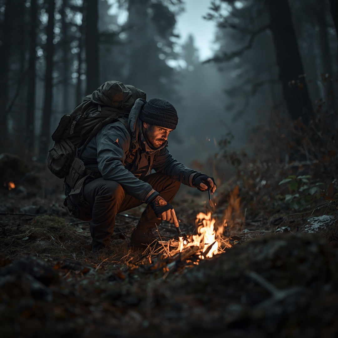 Bearded hiker with backpack lighting a campfire in a dark misty forest