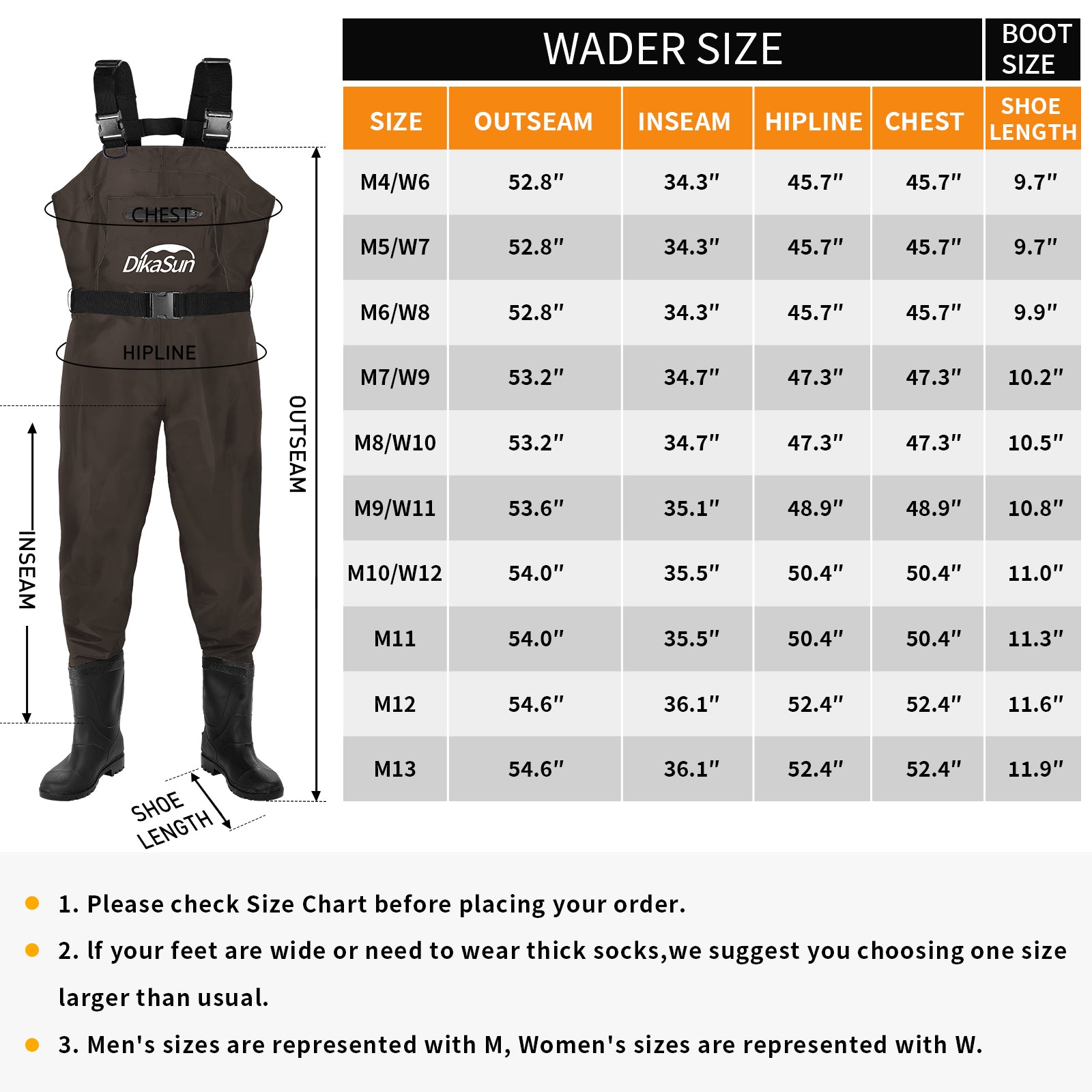 DikaSun Lightweight Bootfoot Chest Waders with Boots — Men & Women Fishing Waders for Duck Hunting & Fly Fishing (US Sizes, Brown)