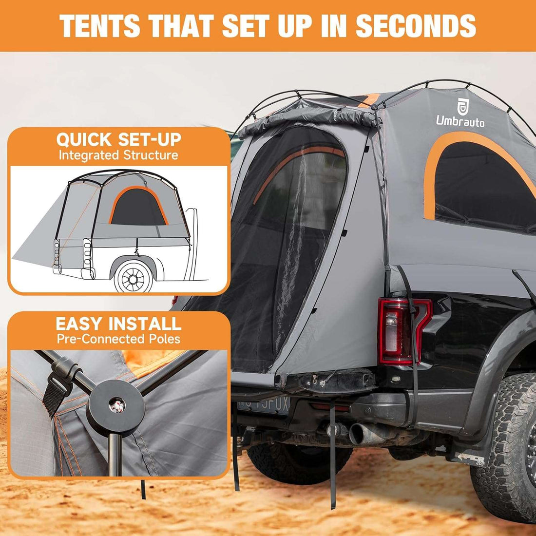 Umbrauto 6.4-6.7FT Truck Bed Tent for 2 Person | 10-Min Quick Setup Waterproof PU3000 Camping Tent for Pickup Trucks