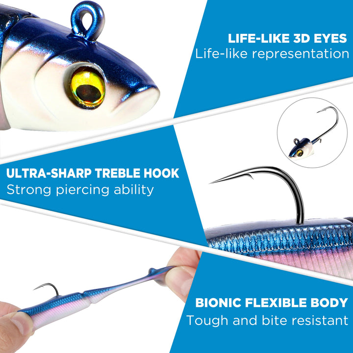 PLUSINNO Fishing Lures, Pre-Rigged Jig Head Bass Lures with Paddle Tail, Fishing Bait for Freshwater Saltwater, Soft Plastic Fishing Lures Baits for Trout Crappie Fishing Gear, Fishing Gifts for Men
