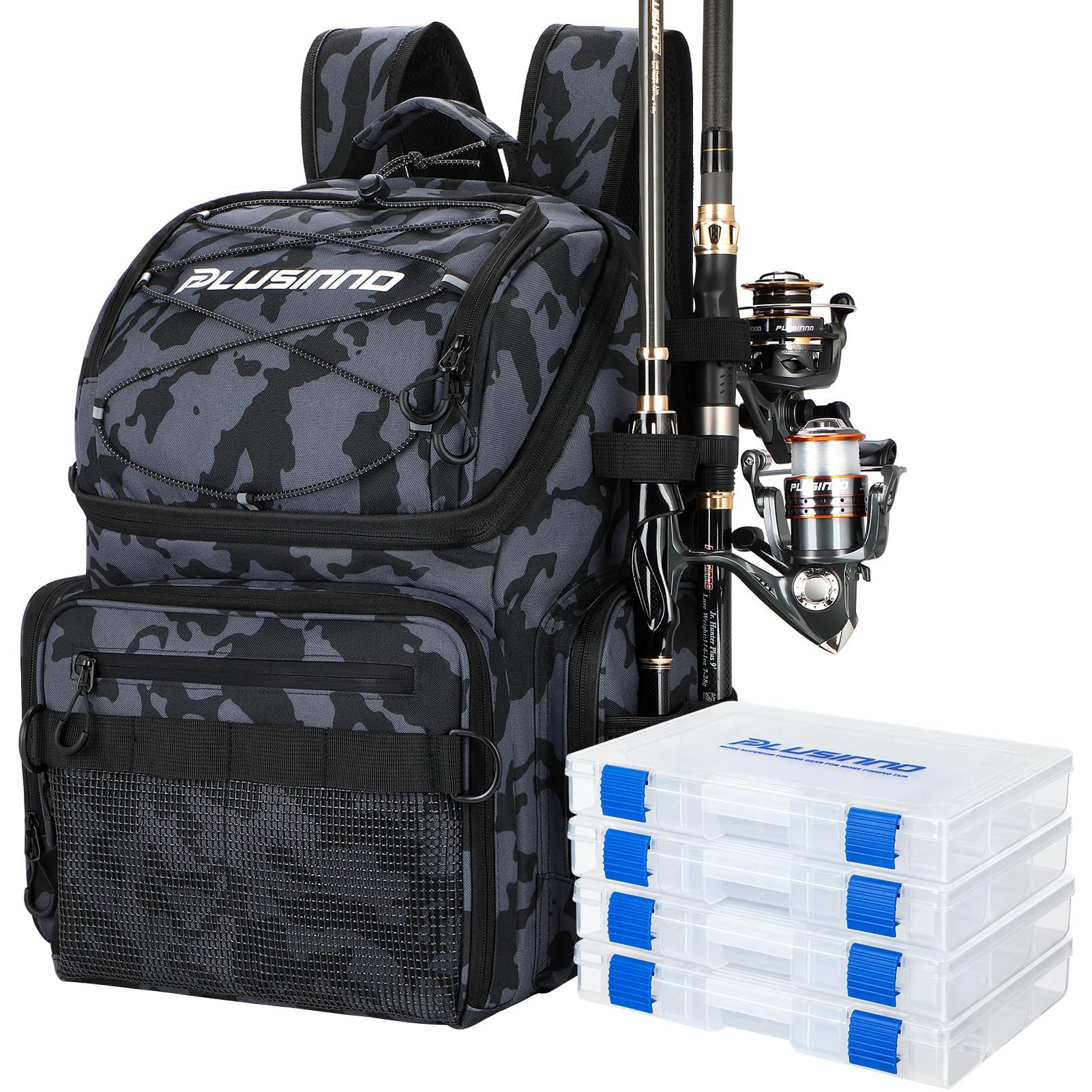 PLUSINNO Cooler Fishing Backpack with Rod Holders 45L Large Water-resistant Fishing Tackle bag Store Fishing Gear Fishing Gifts for Men Father, Sport Bags