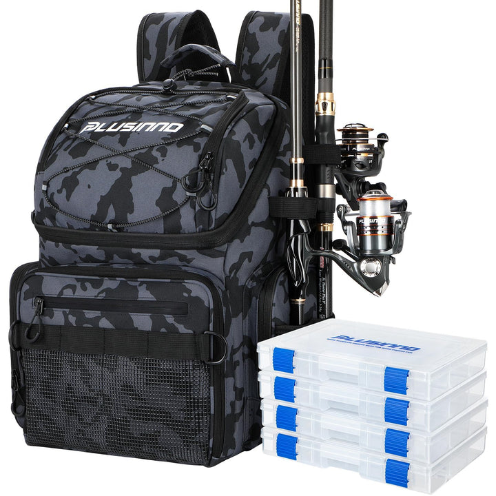 PLUSINNO Cooler Fishing Backpack with Rod Holders 45L Large Water-resistant Fishing Tackle bag Store Fishing Gear Fishing Gifts for Men Father, Sport Bags
