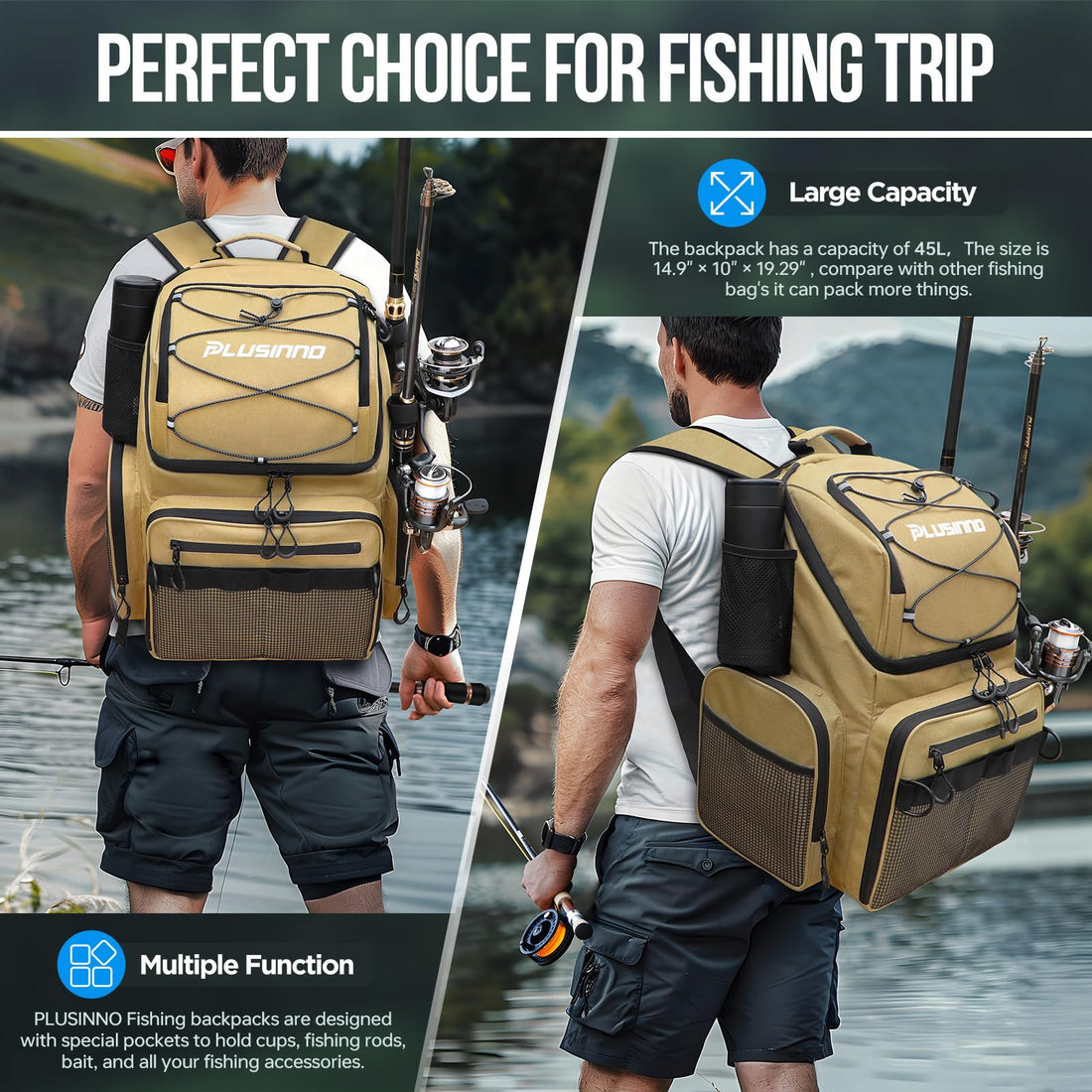PLUSINNO Cooler Fishing Backpack with Rod Holders 45L Large Water-resistant Fishing Tackle bag Store Fishing Gear Fishing Gifts for Men Father, Sport Bags
