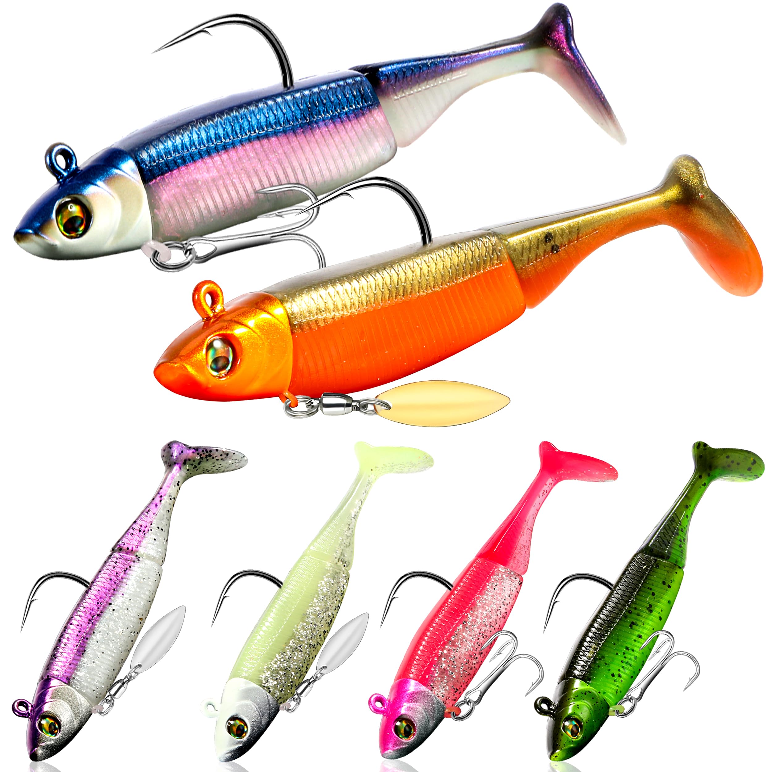PLUSINNO Fishing Lures, Pre-Rigged Jig Head Bass Lures with Paddle Tail, Fishing Bait for Freshwater Saltwater, Soft Plastic Fishing Lures Baits for Trout Crappie Fishing Gear, Fishing Gifts for Men