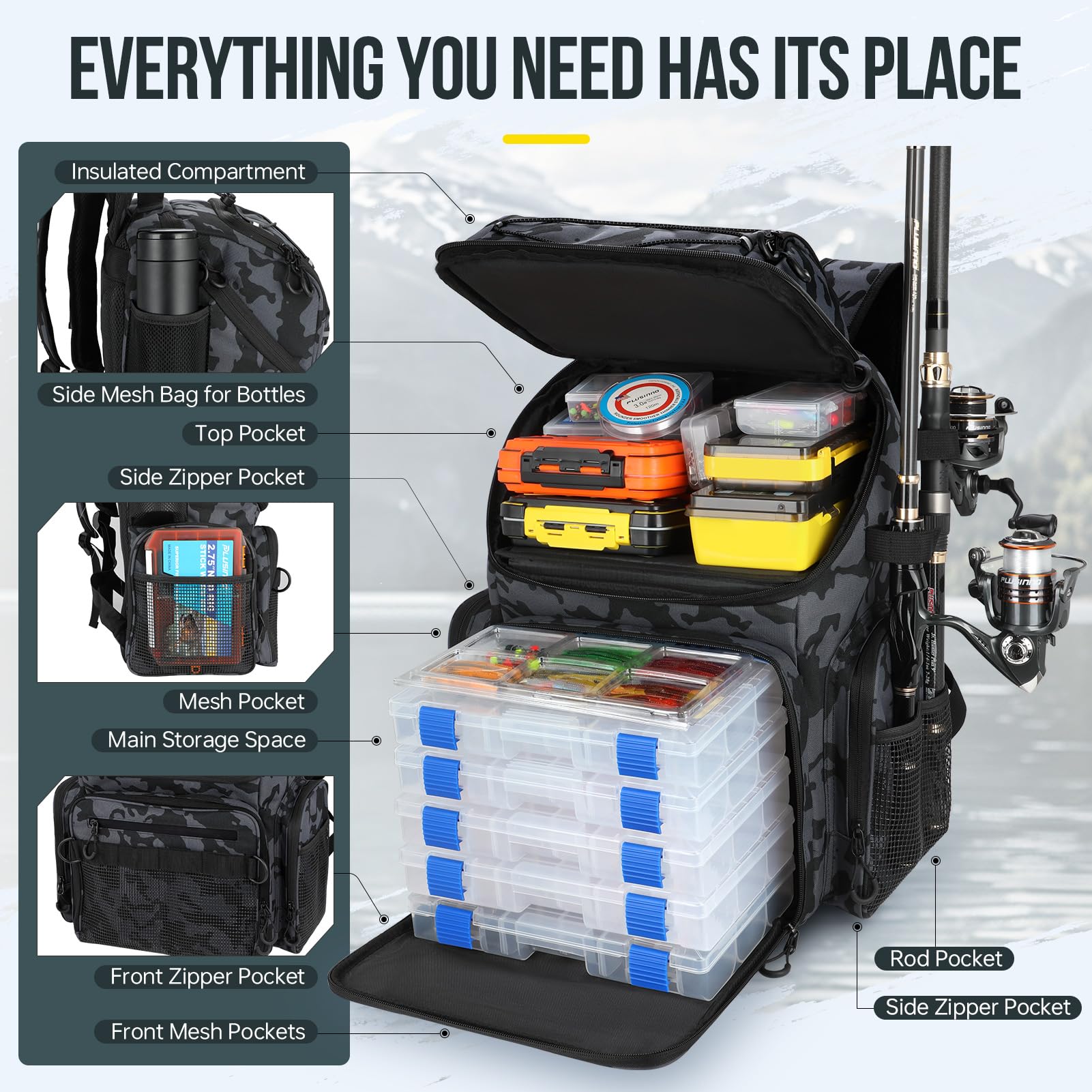 PLUSINNO Cooler Fishing Backpack with Rod Holders 45L Large Water-resistant Fishing Tackle bag Store Fishing Gear Fishing Gifts for Men Father, Sport Bags