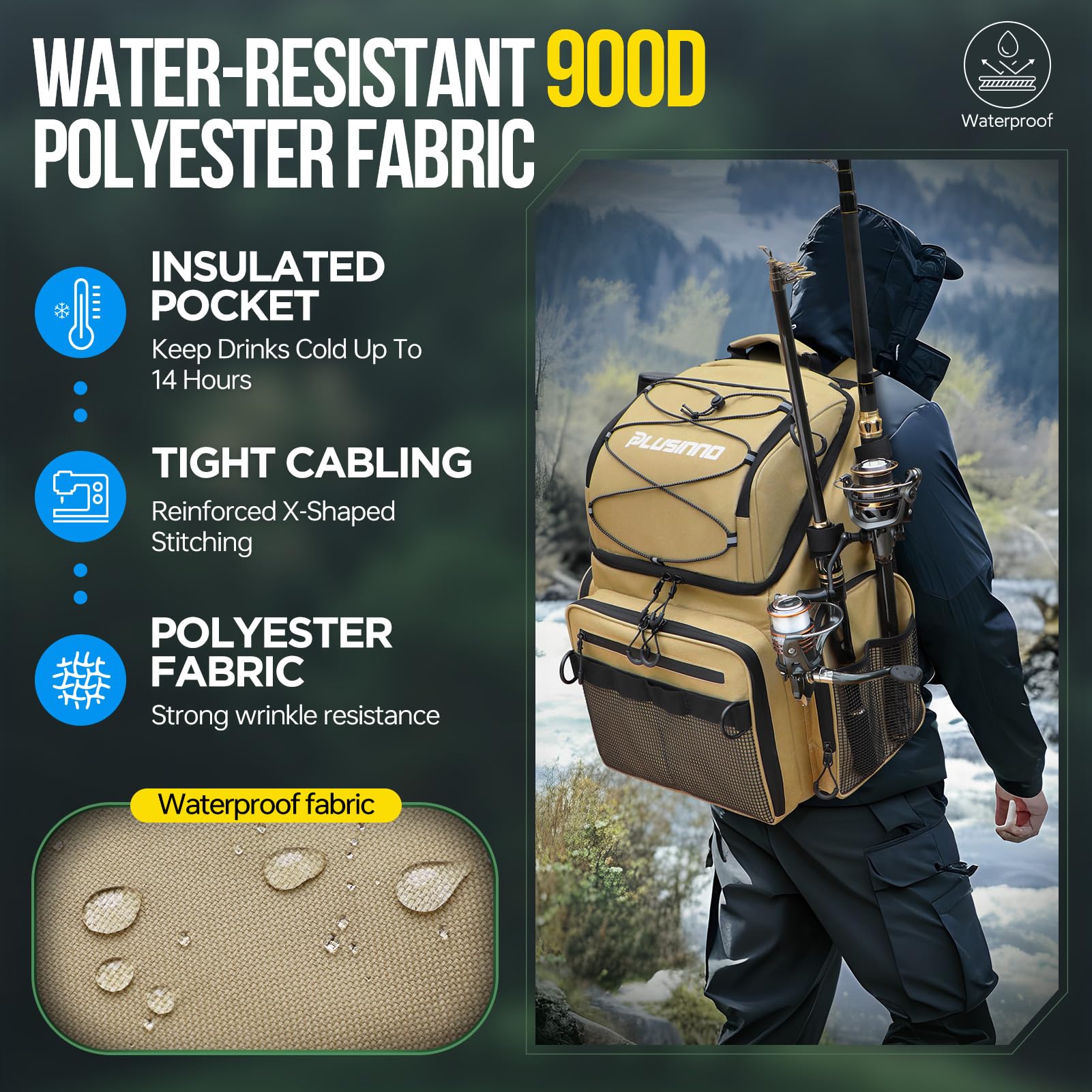 PLUSINNO Cooler Fishing Backpack with Rod Holders 45L Large Water-resistant Fishing Tackle bag Store Fishing Gear Fishing Gifts for Men Father, Sport Bags
