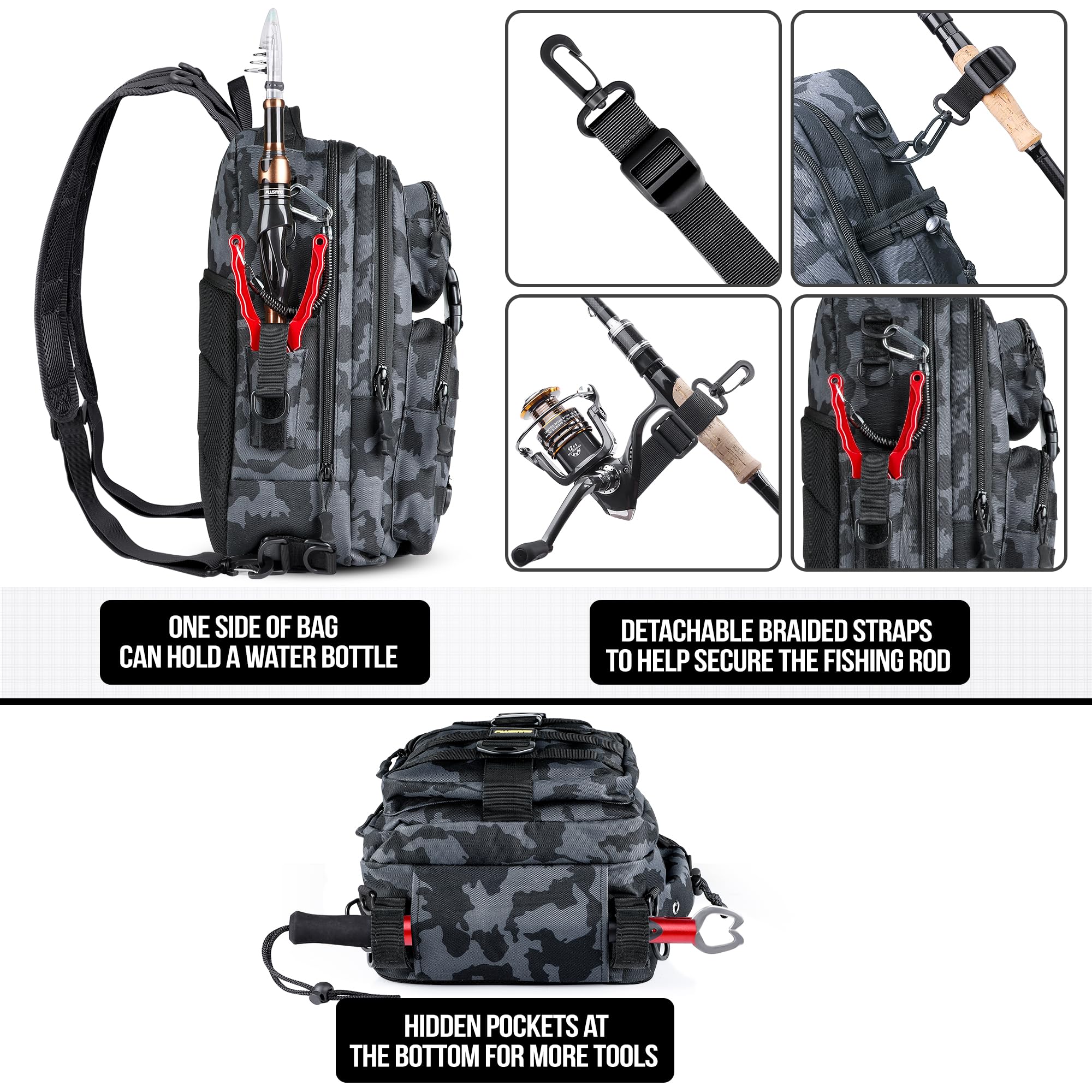 PLUSINNO Fishing Backpack with Fishing Rod and Reel Combos Tackle Boxes, Waterproof Tackle Backpack for Fishing Gear with Rod Holder, Fishing Gifts for Men with Fishing Tool Kit...