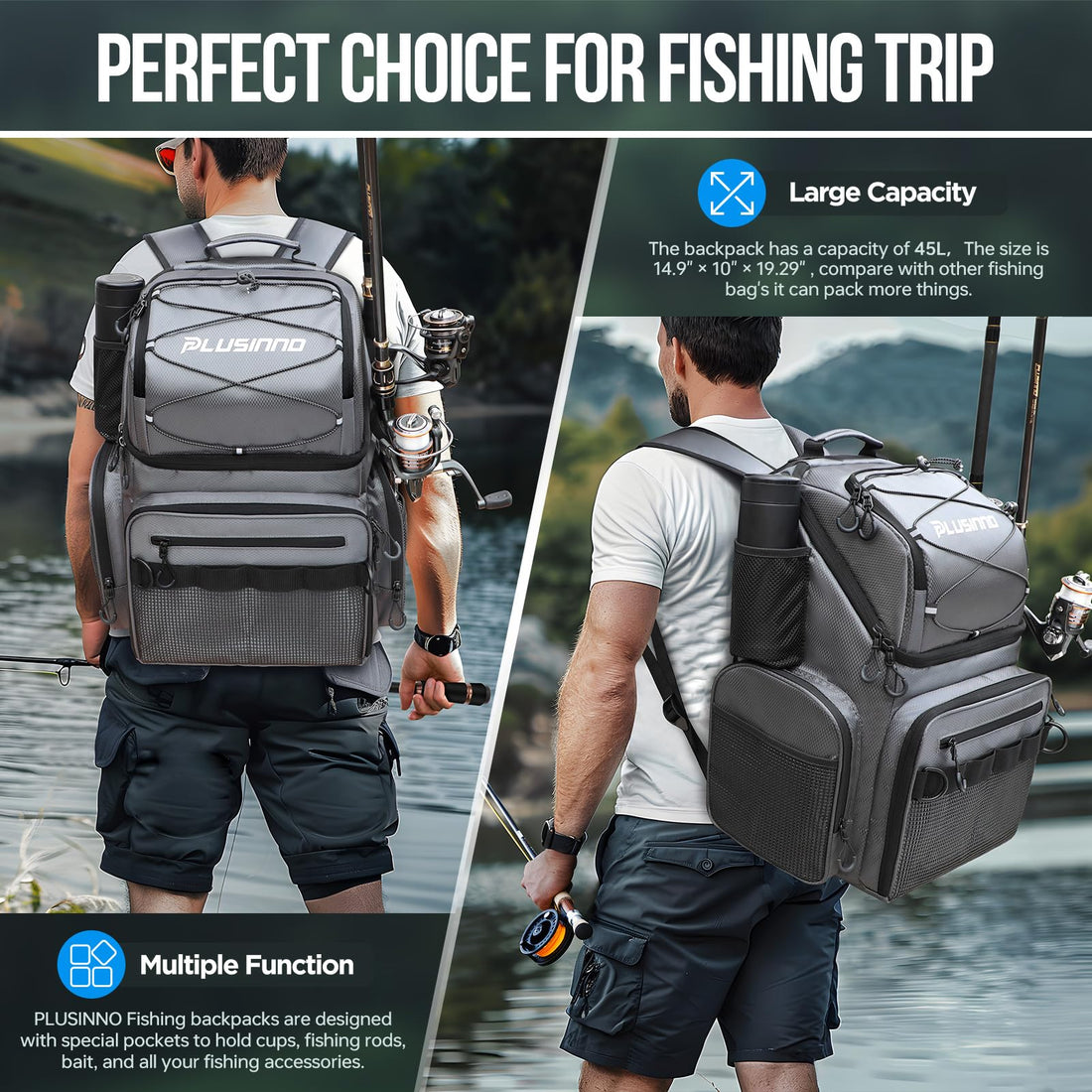 PLUSINNO Cooler Fishing Backpack with Rod Holders 45L Large Water-resistant Fishing Tackle bag Store Fishing Gear Fishing Gifts for Men Father, Sport Bags