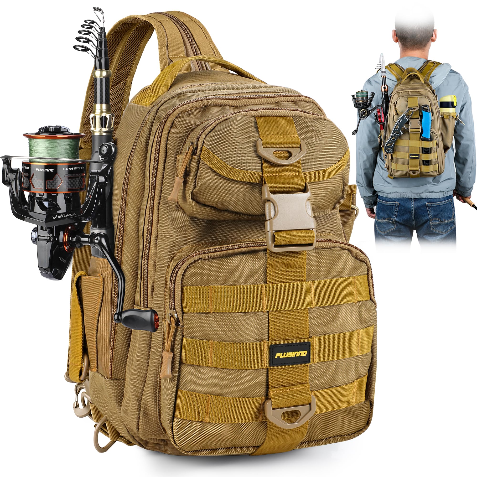 PLUSINNO Fishing Backpack with Fishing Rod and Reel Combos Tackle Boxes, Waterproof Tackle Backpack for Fishing Gear with Rod Holder, Fishing Gifts for Men with Fishing Tool Kit...