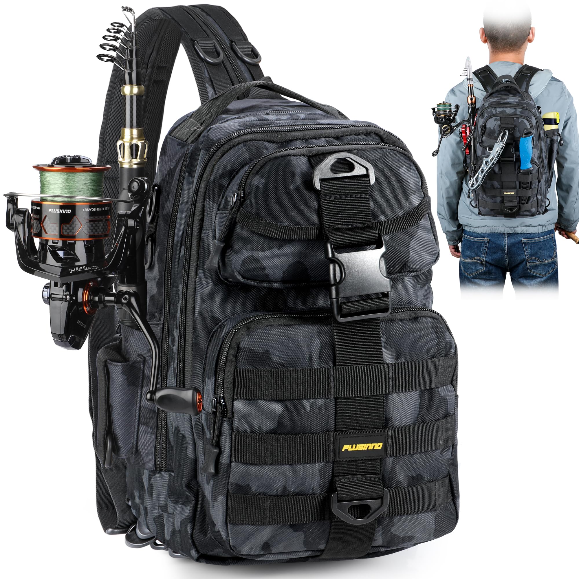 PLUSINNO Fishing Backpack with Tackle Boxes, Waterproof Fishing Sling Tackle Bag For Fishing Gear With Rod Holder, Fishing Gifts for Men With Fishing lures, Fishing pliers, Fish Lip Gripper.