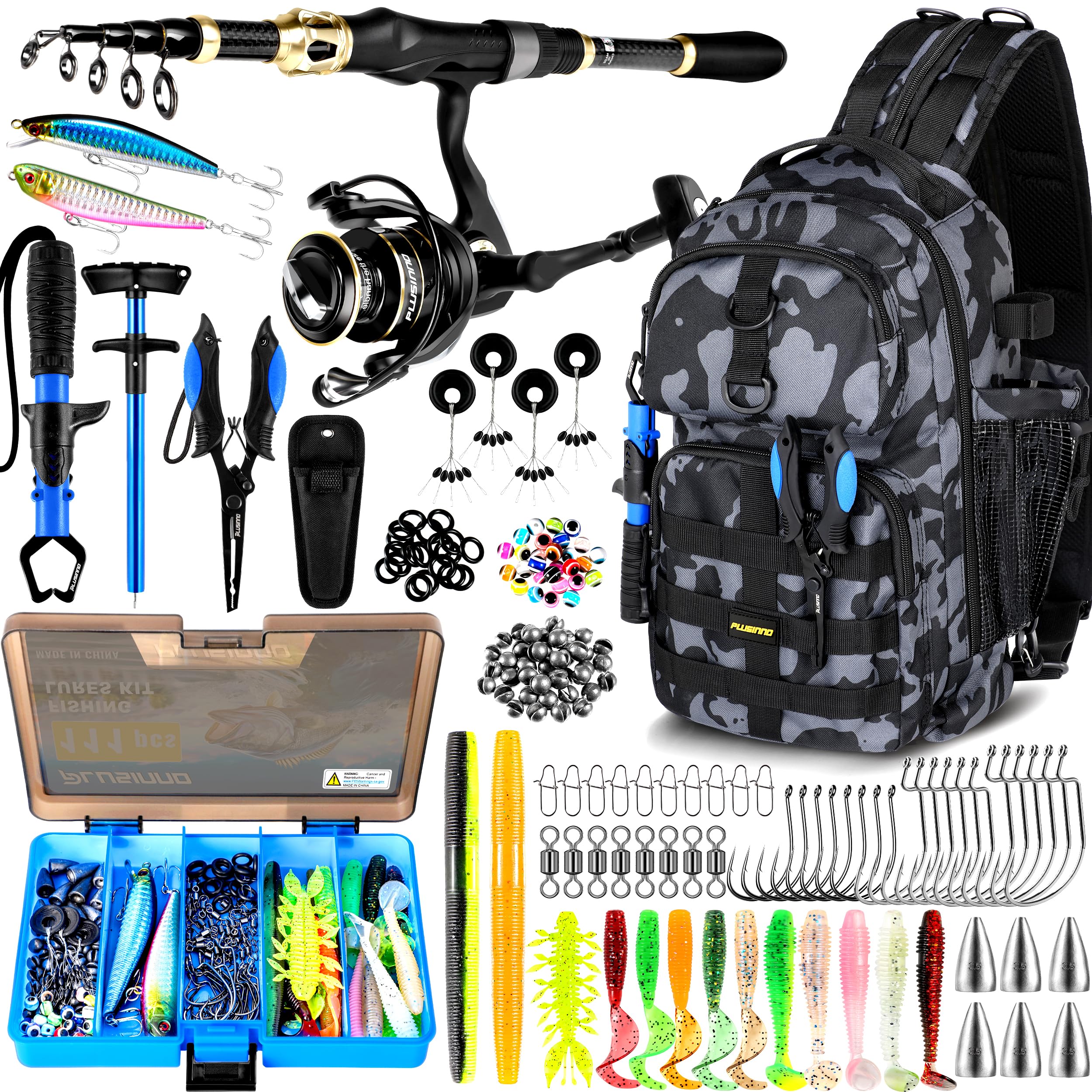 PLUSINNO Fishing Backpack with Tackle Boxes, Waterproof Fishing Sling Tackle Bag For Fishing Gear With Rod Holder, Fishing Gifts for Men With Fishing lures, Fishing pliers, Fish Lip Gripper.