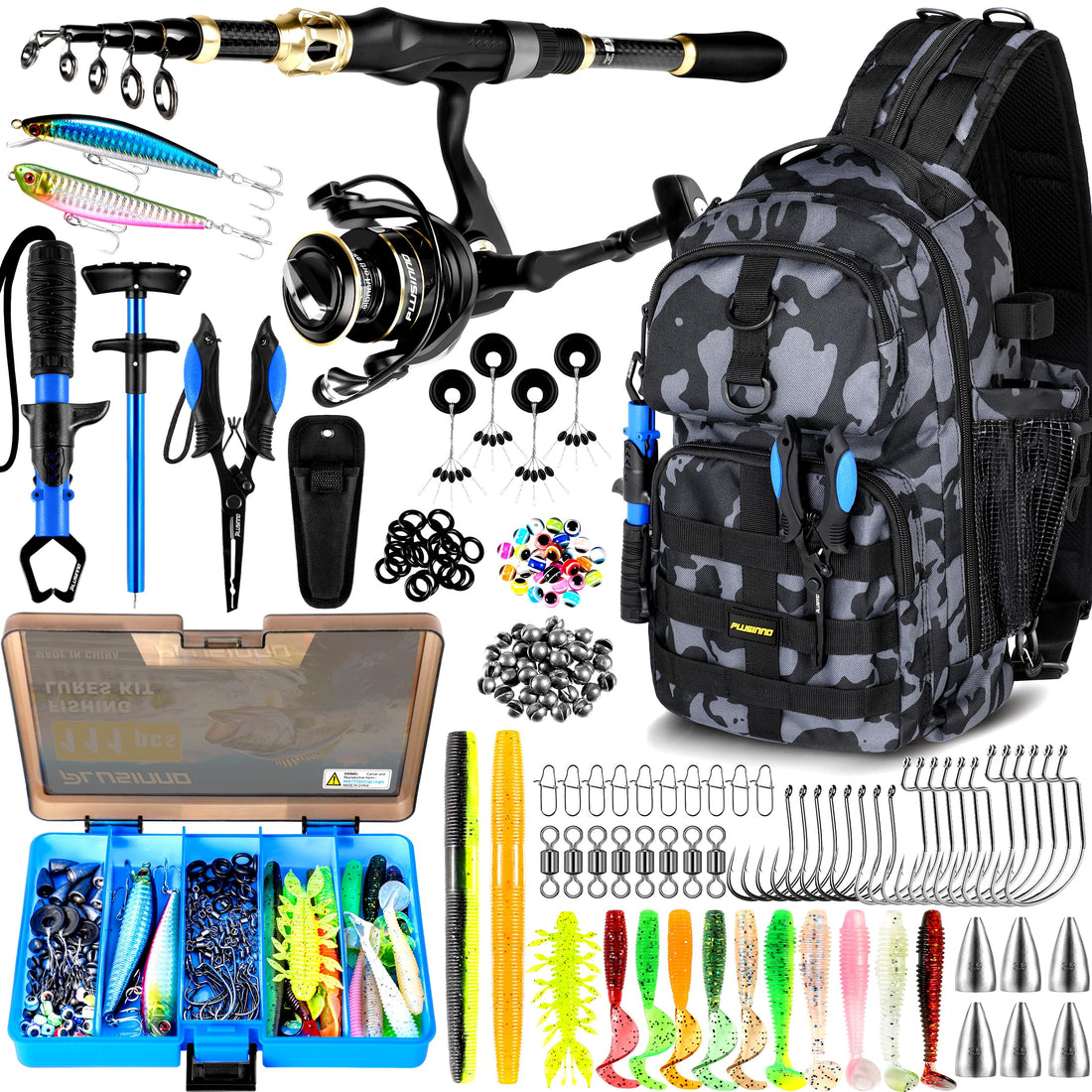 PLUSINNO Fishing Backpack with Tackle Boxes, Waterproof Fishing Sling Tackle Bag For Fishing Gear With Rod Holder, Fishing Gifts for Men With Fishing lures, Fishing pliers, Fish Lip Gripper.