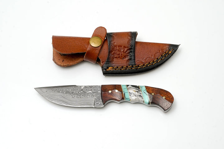 Hand-Forged Damascus Steel Field Knife – Wood & Turquoise Handle
