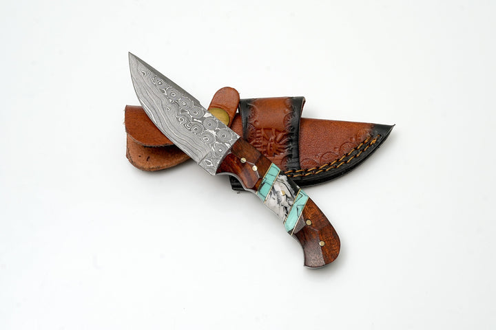 Hand-Forged Damascus Steel Field Knife – Wood & Turquoise Handle