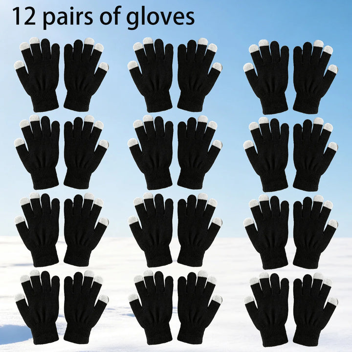 12-Pair Winter Knit Gloves – Stretchy Warm Gloves for Men & Women