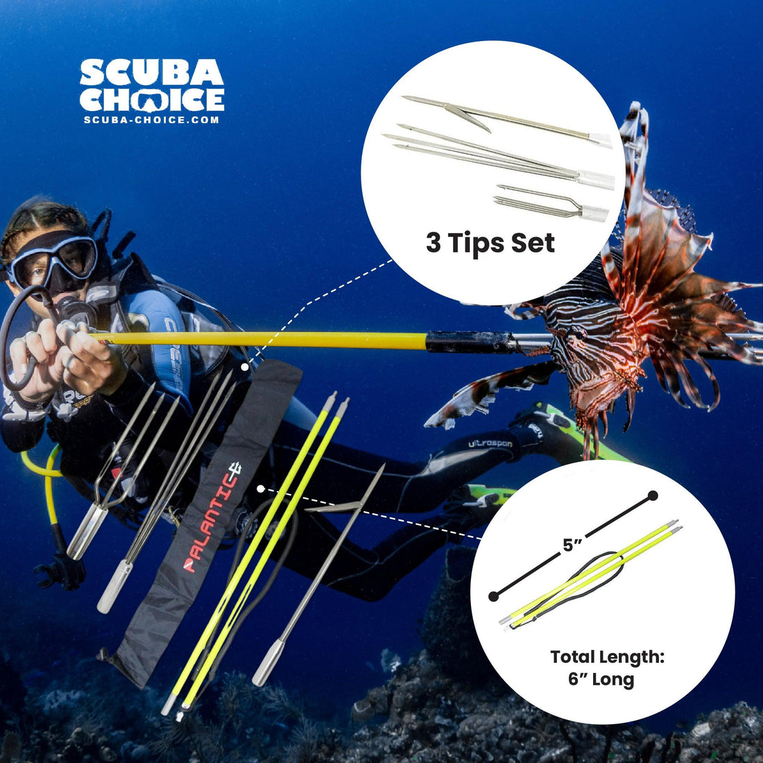 Spearfishing 5' Fiber Glass Travel 2piece Hawaiian Sling Pole Spear 3 Tips Set