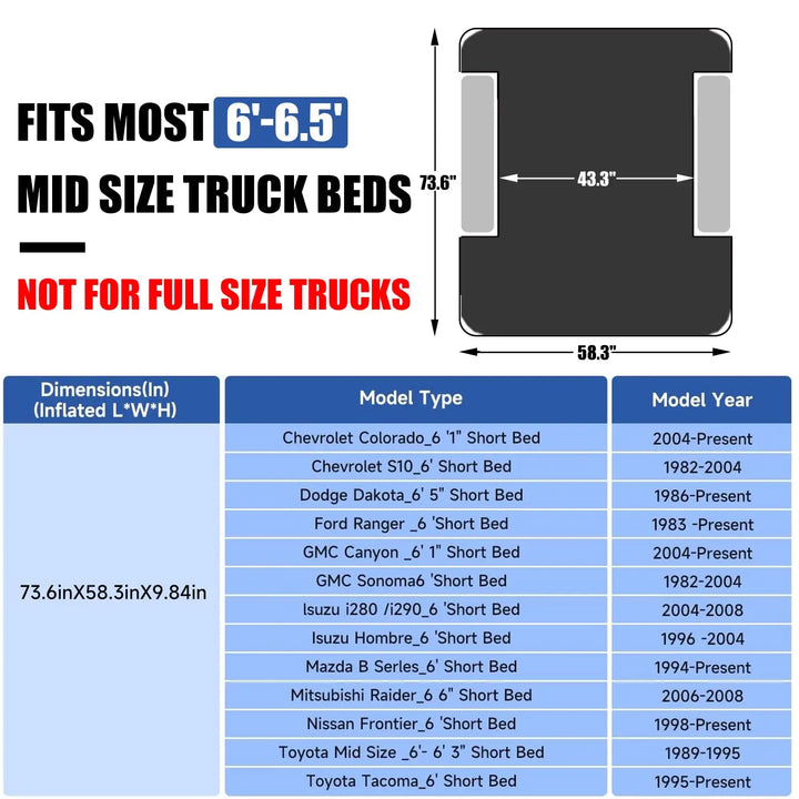 Air Mattress for 6-6.5ft Midsize Short Truck Beds
