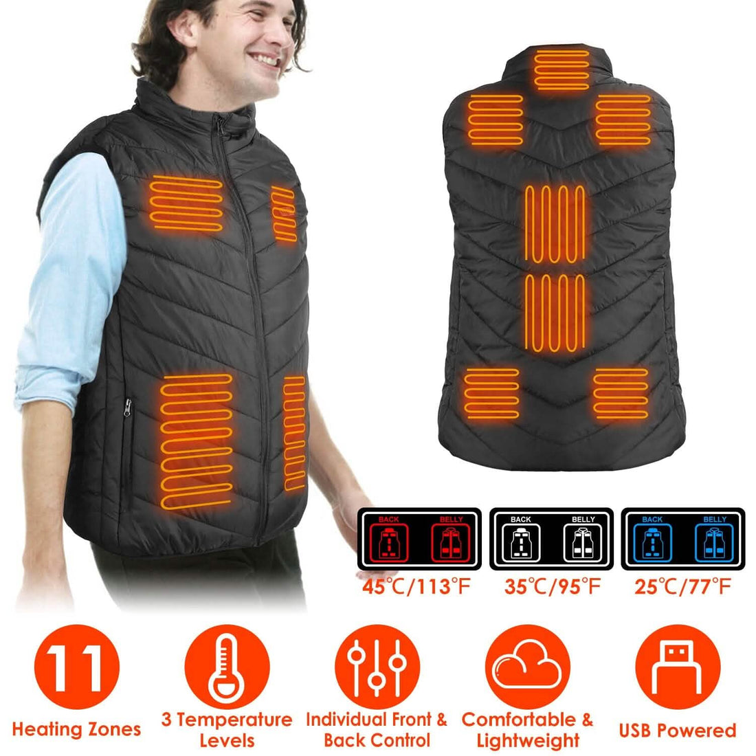 Electric Heated Vest – USB Powered with 3 Heat Settings