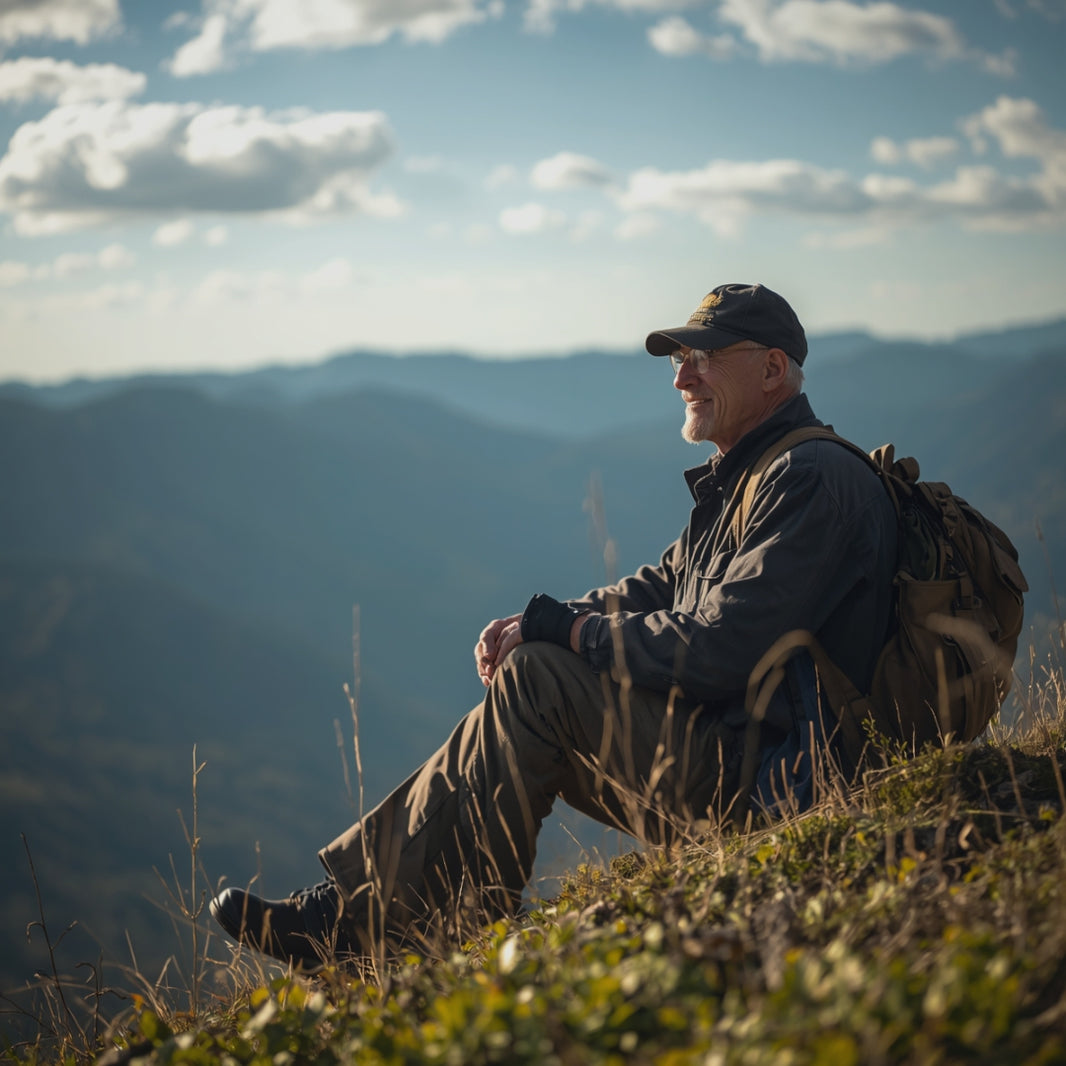 Man sitting on a mountain top with a backpack, looking out over the landscape.