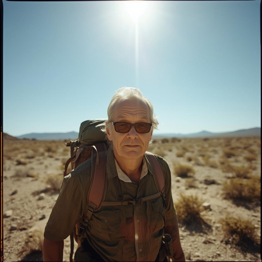 Older man with backpack and sunglasses trekking through dry desert landscape